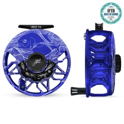 Abel ROVE Reel 7/9 Blue III, Gloss Black Drag Knob, Larko Permit Engraving, Saltwater Flies Engraving with Black Handle - Your Premium Fishing Gear Store Rods Lines Baits Accessories^ New
